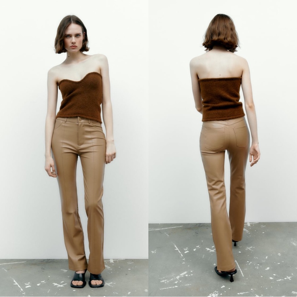 Zara Faux Leather Flared Pants (Tan)